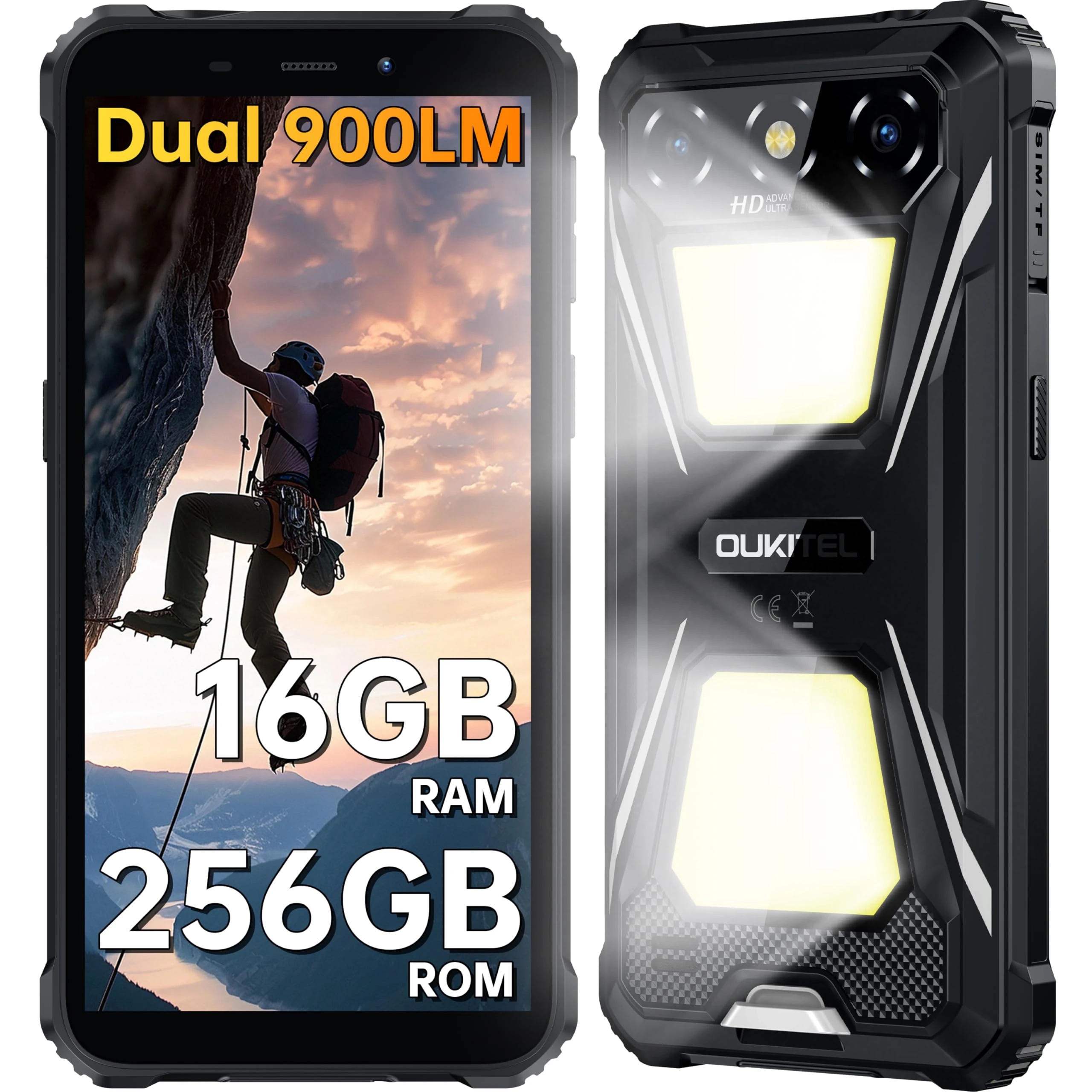 OUKITEL G5 Rugged phone(2025),android phones 16GB RAM + 256GB ROM/1TB TF, 6300mAh Battery, 6’’ tough phone, Ultra-Bright Camping Light,4G Dual SIM Unlocked,5G WiFi/BT5.0/OTG/GPS-Black