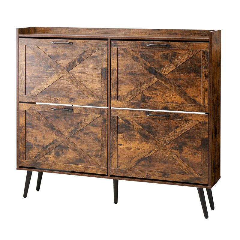 VEVOR Shoe Cabinet with 4 Flip Drawers, Farmhouse Shoes Storage Cabinet with Wood Legs and Anti-Tipping Device, Freestanding Shoe Organizer Ideal for Entryway, Hallway, Bedroom, Living Room, Brown - Image 1