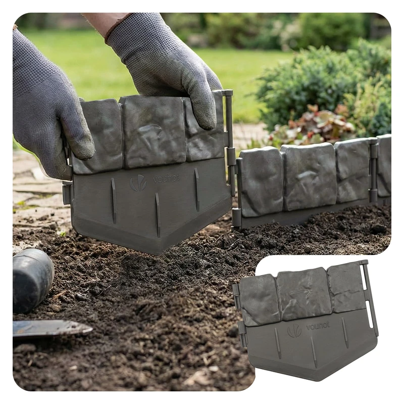 VOUNOT® Lawn Edgnig Border 21.4m, Stone Effect Plastic Garden Edging, No-Dig Decorative Lawn Border for Paths, Lawns & Flower Beds, Set of 140, Grey