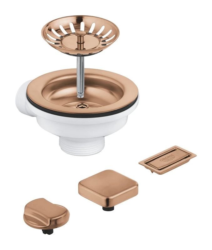 GROHE Pop-Up Waste Set for One-Bowl Kitchen Sink (with 2 Remote Control Knobs: Round & Square, Overflow Cover and Basket Strainer), Brushed Rose Gold, 40996DL0