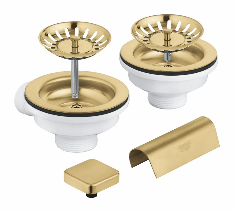 GROHE Waste Set for Two-Bowl Kitchen Sink (1 Pop-Up Waste with Square Remote-Control Knob and 1 Manual Waste, Overflow Cover and 2 Basket Strainers), Brushed Gold, 40999GN0