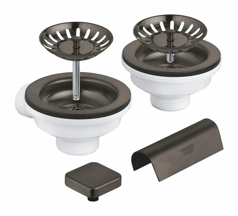 GROHE Waste Set for Two-Bowl Kitchen Sink (1 Pop-Up Waste with Square Remote-Control Knob and 1 Manual Waste, Overflow Cover and 2 Basket Strainers), Brushed Anthracite, 40999AL0