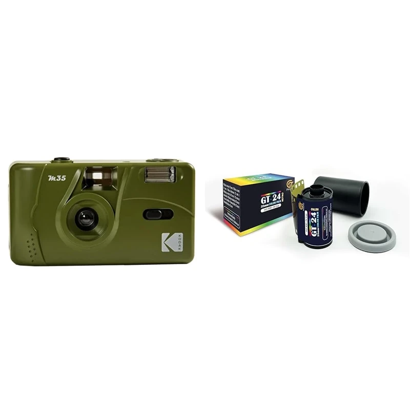 KODAK M35 DA00254 - Rechargeable Camera 35mm, Fixed Wide-Angle Lens, Optical Viewfinder, Built-in Flash, AAA Battery – Olive Green + GT PHOTO Color Retro Film 35mm - 24 Exposures