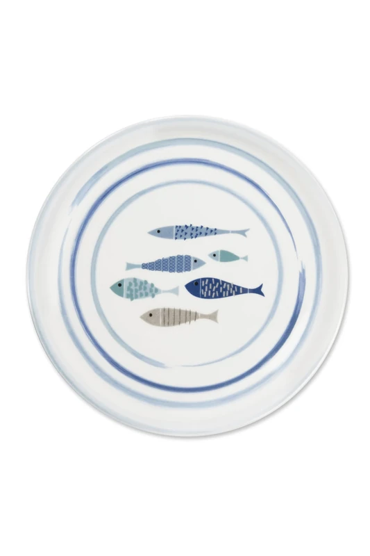 Excelsa North Sea Set of 6 Porcelain Pizza Plates, Blue Fish Decoration, 30.5 cm