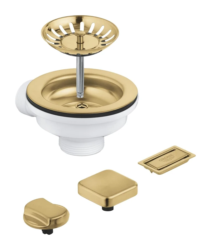 GROHE Pop-Up Waste Set for One-Bowl Kitchen Sink (with 2 Remote Control Knobs: Round & Square, Overflow Cover and Basket Strainer), Brushed Gold, 40996GN0
