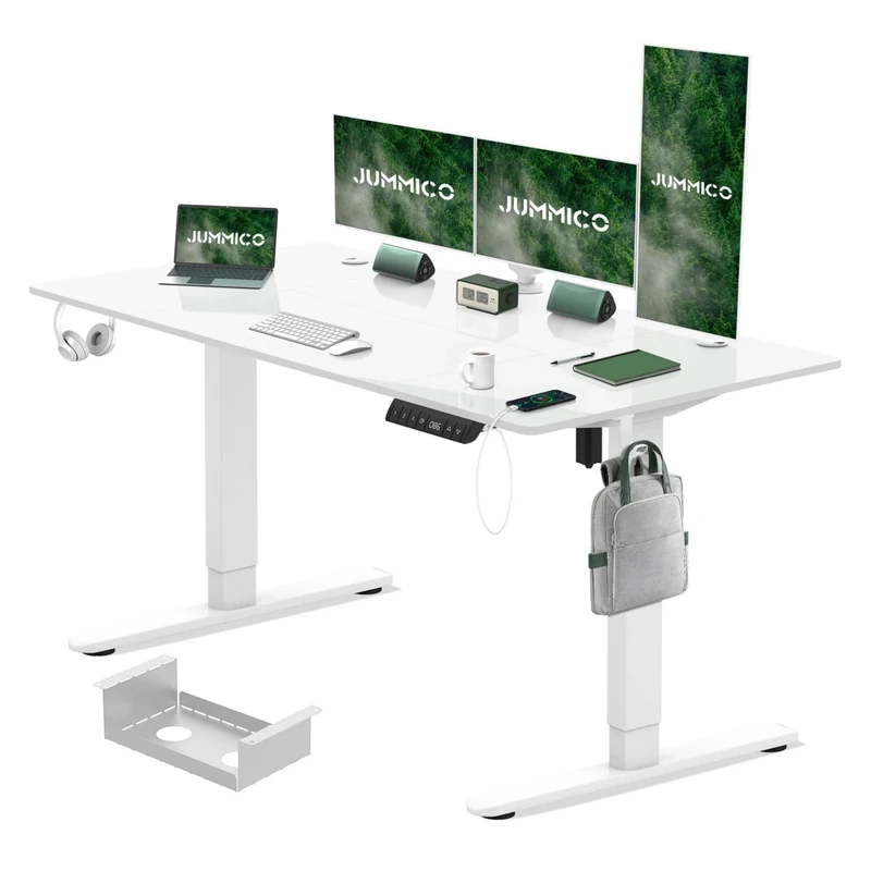 JUMMICO Electric Height Adjustable Desk 180x80 cm with Charging Station, Height Adjustable Computer Desk with Cable Management, Ergonomic Sit-Stand Desk Adjustable Height Table, White