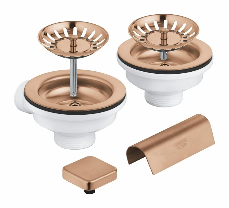 GROHE Waste Set for Two-Bowl Kitchen Sink (1 Pop-Up Waste with Square Remote-Control Knob and 1 Manual Waste, Overflow Cover and 2 Basket Strainers), Brushed Rose Gold, 40999DL0