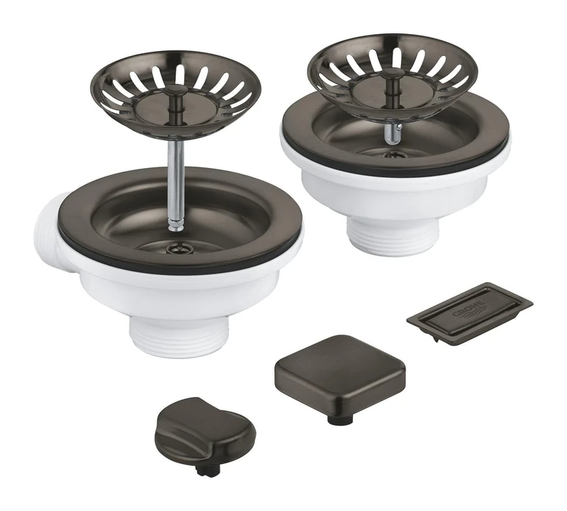 GROHE Waste Set for Two-Bowl Kitchen Sink (1 Pop-Up Waste with 2 Remote Control Knobs: Square & Round, 1 Manual Waste, Overflow Cover and 2 Basket Strainers), Brushed Anthracite, 40998AL0