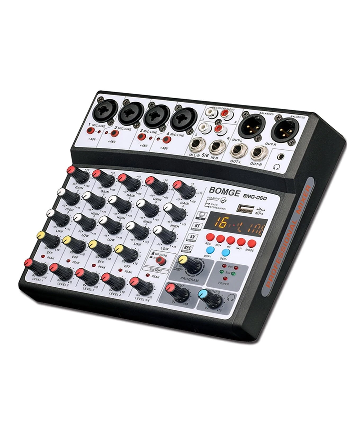 Professional 6 Channel DJ Sound Mixer 16DSP Interface Mixing Console Desktop with MP3 Input(Silver)