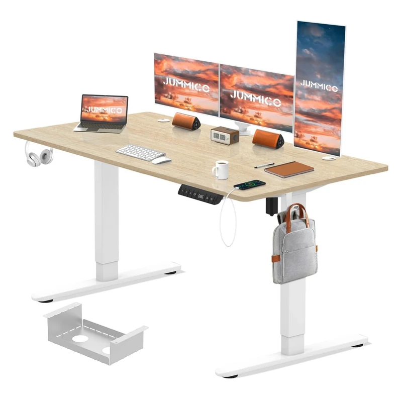 JUMMICO Electric Height Adjustable Desk 180x80 cm with Charging Station, Height Adjustable Computer Desk with Cable Management, Ergonomic Sit-Stand Desk Adjustable Height Table, Beige