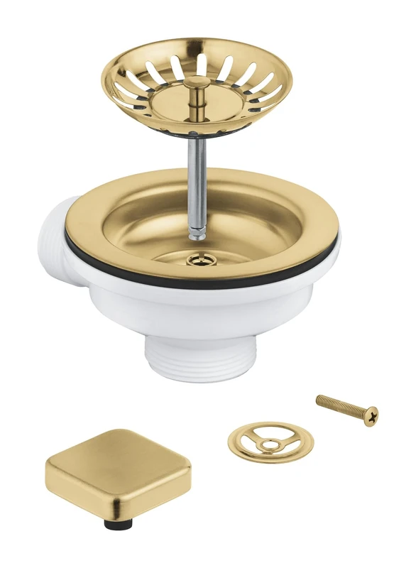 GROHE Pop-Up Waste Set for One-Bowl Kitchen Sink (1 Square Remote-Control Knob, Overflow Frame and Strainer Plug), Brushed Gold, 40400GN0
