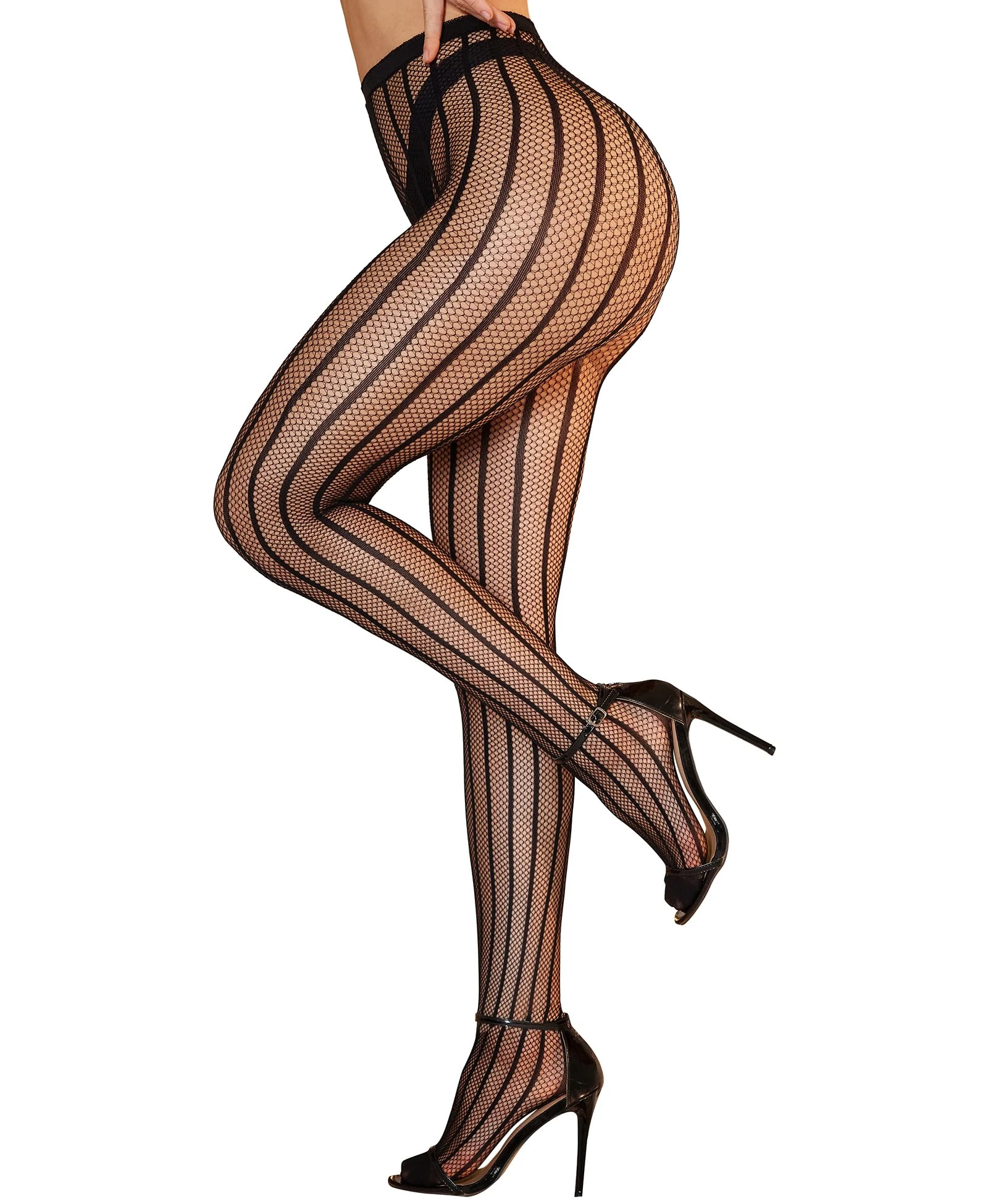 RSLOVE Women Hold Up Stockings - Fishnet Tights Womens Fishnet Stockings Vertical Striped Tights Hold Ups Black