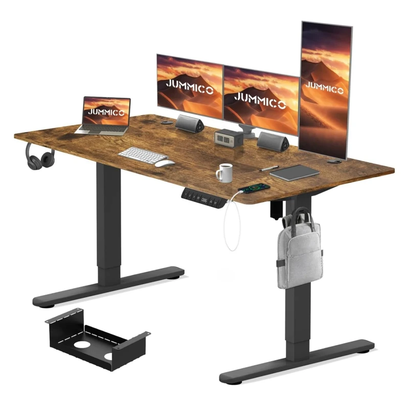 JUMMICO Electric Height Adjustable Desk 180x80 cm with Charging Station, Height Adjustable Computer Desk with Cable Management, Ergonomic Sit-Stand Desk Adjustable Height Table, Vintage Brown