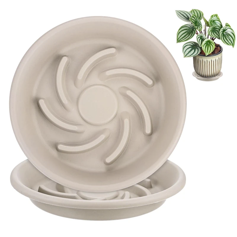 M METERXITY 2-Pack Plant Saucers, 5.5 Inch 14cm ID Anti-Rot Root Resin Flower Pot Plant Saucers for Indoor/Outdoor, Flowerpot Drip Tray [7.1 Inch OD, Gray White]