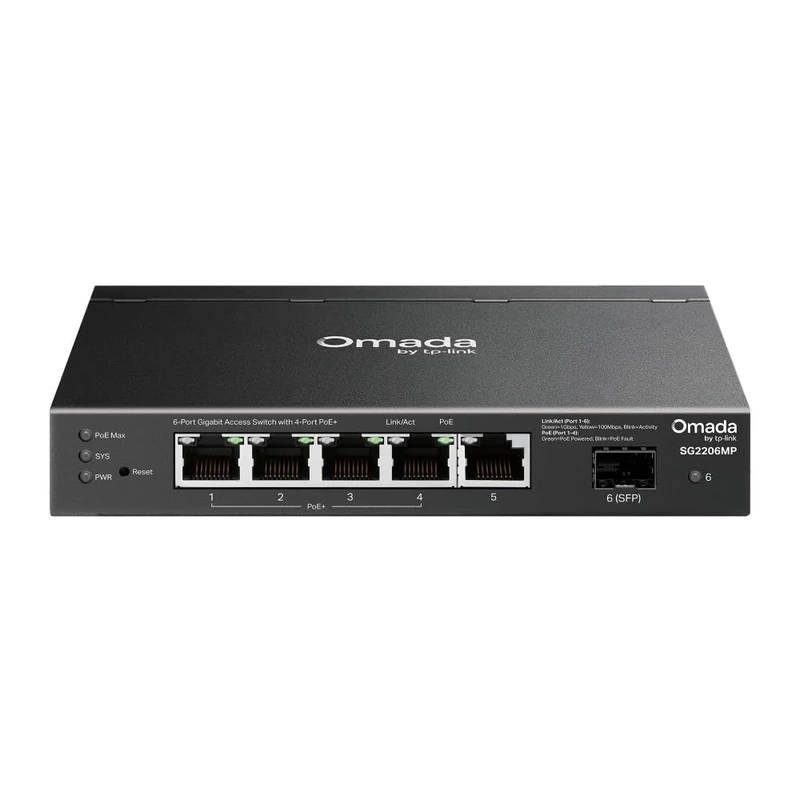 TP-Link SG2206MP Ethernet Splitter with PoE,5 Gigabit RJ45 ports Network Switch, Centralised Cloud Management via Omada APP, Fanless,Plug and Play, Energy-Saving,Desktop/Wall Mounting Design