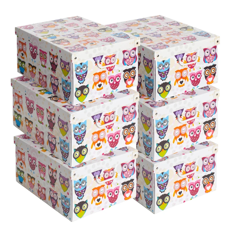 Lavatelli Set of 6 Storage Boxes Owls Print with Lids & Handles, Cardboard Wardrobe Organisers for Clothes, Stackable Storage Bins 39x50x24 cm