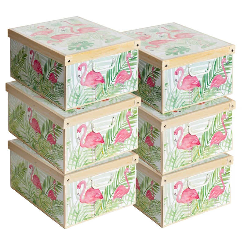Lavatelli Set of 6 Storage Boxes Flamingos Print with Lids & Handles, Cardboard Wardrobe Organisers for Clothes, Stackable Storage Bins 39x50x24 cm - Image 1