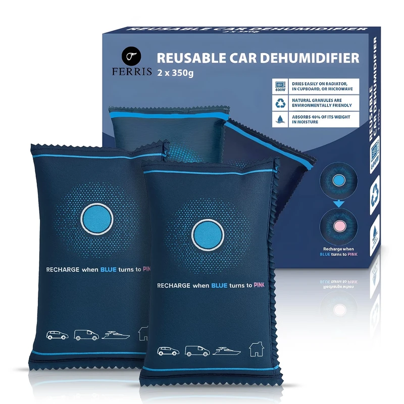 FERRIS | 2 X 350g Car Dehumidifier Bags | Reusable & Safe Interior Dehumidifiers for Home & Moisture Absorber Sachets | Microwave Reactivated, Leakproof Alternative to Disposable Dehumidifiers
