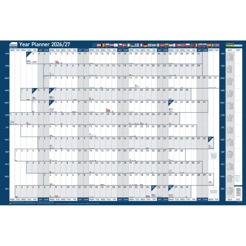 Sasco 2026 EU Wall Planner – Board Mounted Year 2026 Calendar with Wet Wipe Pen & Stickers, 91.5x61cm, Blue – UK & European Holidays Marked – Useful for International Business Offices