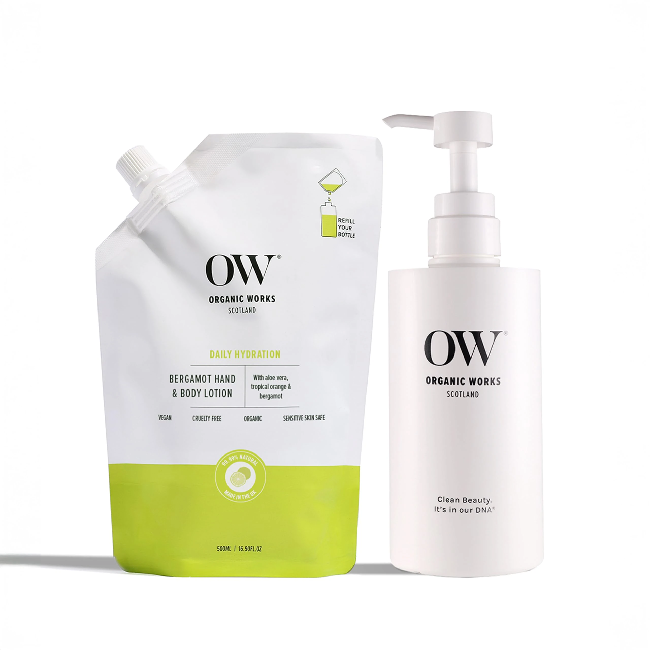 Organic Works Bergamot Hand & Body Lotion Starter Pack 500ml – 99.99% Natural 24hr Calming & Moisturising with Aloe Vera, Orange Peel Oil & Shea Butter – Soft, Supple, Dry Skin Protective Care