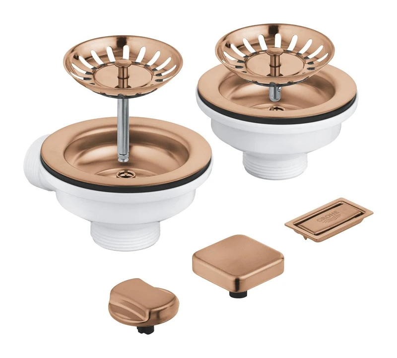 GROHE Waste Set for Two-Bowl Kitchen Sink (1 Pop-Up Waste with 2 Remote Control Knobs: Square & Round, 1 Manual Waste, Overflow Cover and 2 Basket Strainers), Brushed Rose Gold, 40998DL0