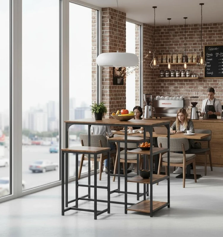 FurnitureR Industrial Bar Table Stools with Storage Shelves, 100 cm x 50 cm, Rustic Brown and Black Metal Frame