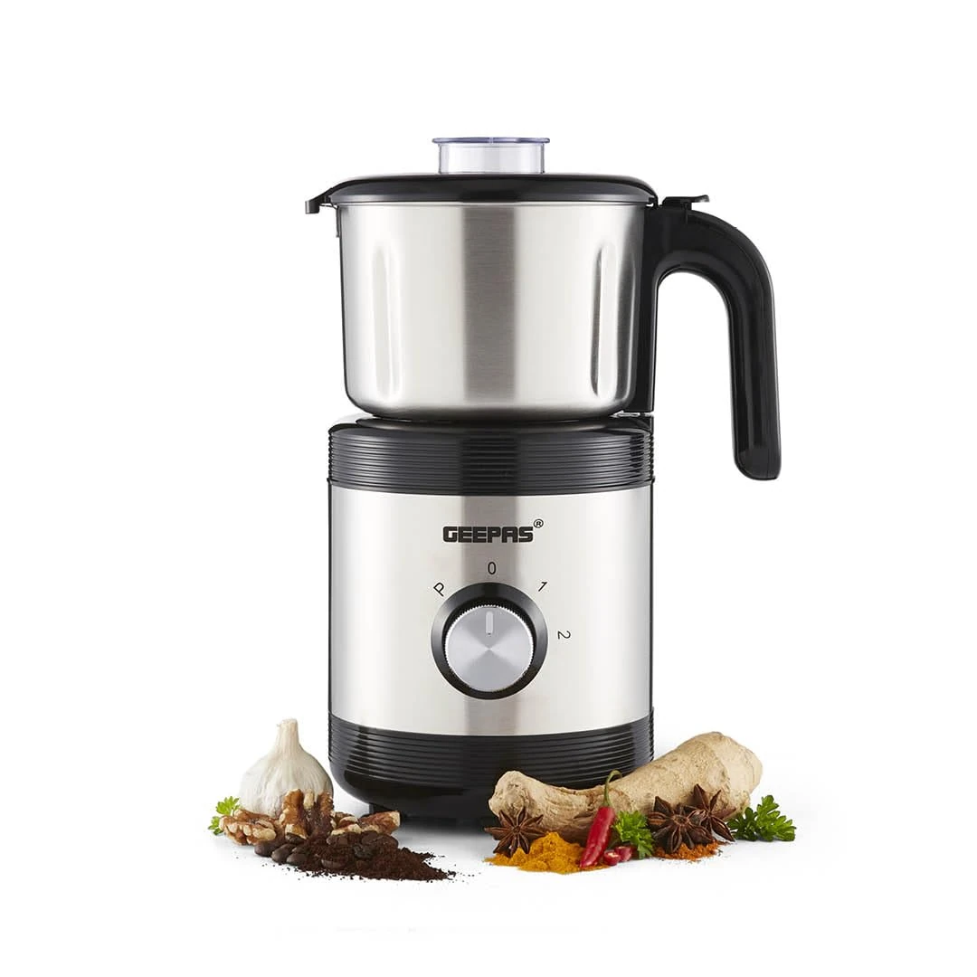 Geepas Coffee Grinder Food Processor 450W Electric Wet & Dry Grinder Coffee Mill Stainless Steel Jar & Blades for Coffee Spice Spices Chutney, 2 Speed Pulse - Detachable Bowl, 800ML Silver (Renewed)