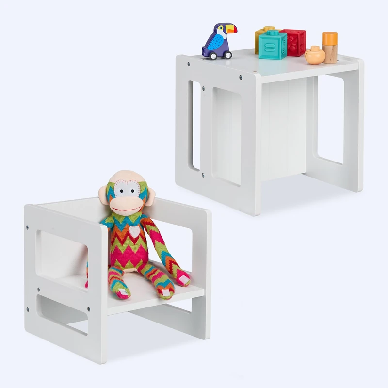 Relaxdays Kids' Stool 2-Pack, Reversible Design, 2 Heights, with Armrests, HxWxD: 30x30x30 cm, MDF, White