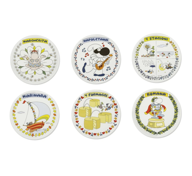 Excelsa Mordillo Set of 6 Porcelain Pizza Plates Decorated with Characters 12"