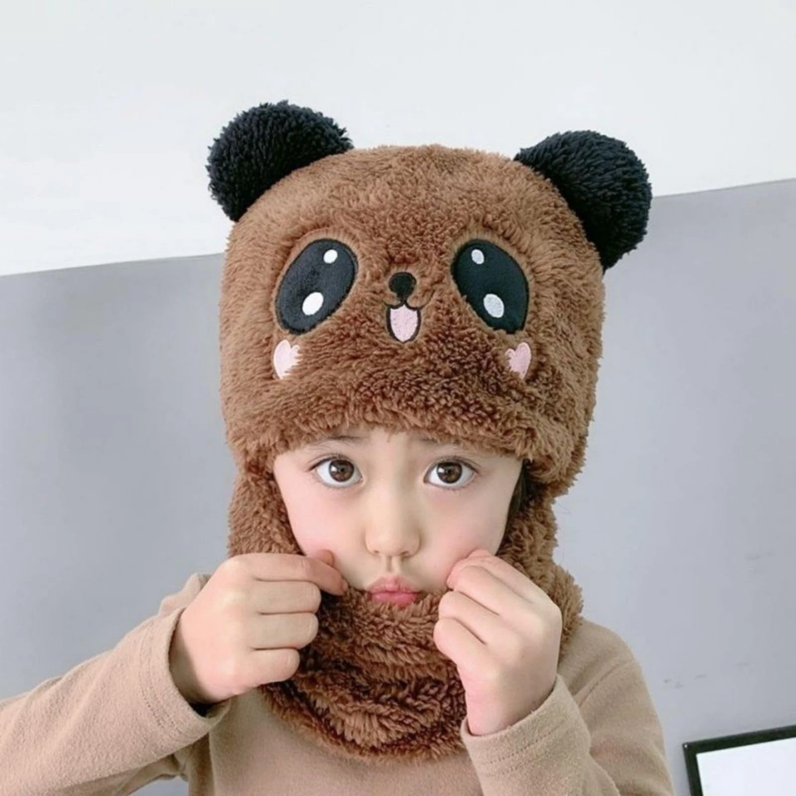 Panda Balaclava Hat Scarf Set, Winter Cute Animal 2-in-1 Headwear, Warm Windproof Headgear, Khaki, One Size