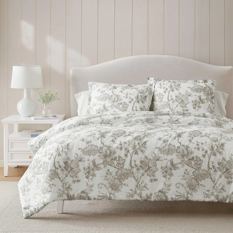 Martha Stewart - Twin Duvet Cover Set, Smooth Sateen Front with Subtle Sheen & Lightweight Cotton Percale Reverse, 2 Piece Bed Set with Matching Pillowcase (Avery Floral Grey)