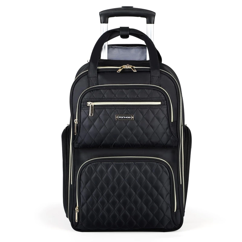 Ponhog Rolling Laptop Travel Backpack with Wheels for Women - 16 Inch Laptop Wheeled Backpack, Carry on Trolley Suitcase Black Computer Bag for Adults Business College Work Overnight,Black