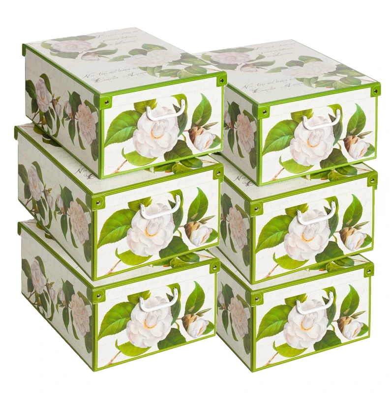 Lavatelli Set of 6 Storage Boxes Camellias Print with Lids & Handles, Cardboard Wardrobe Organisers for Clothes, Stackable Storage Bins 39x50x24 cm