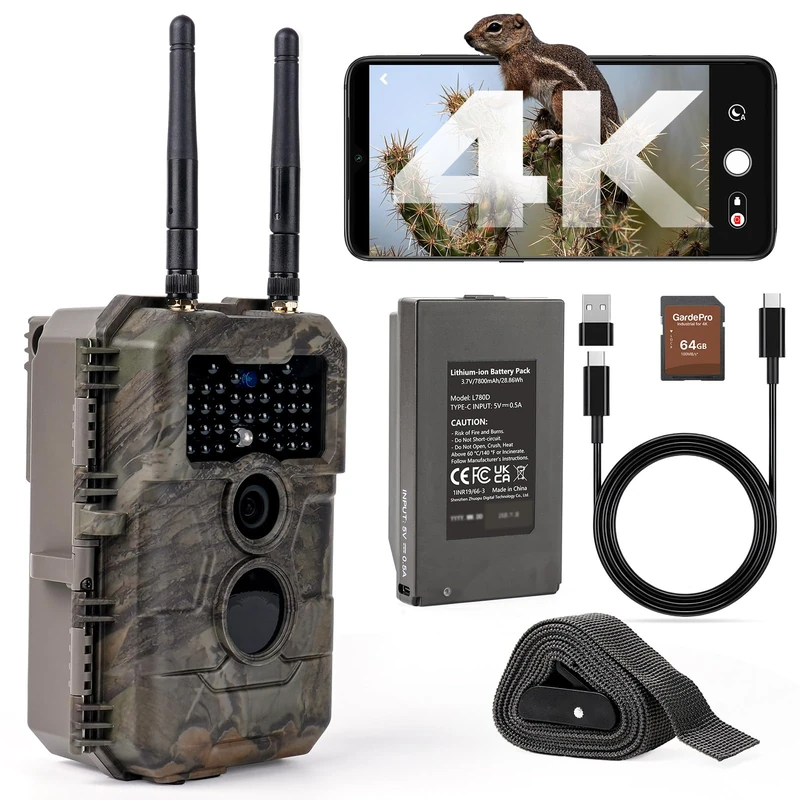 GardePro E6 2.0 Pro 4K Wildlife Camera WiFi Bluetooth, with 7800mAh Battery and 64GB SD Card, 64MP Trail Camera 50m WiFi Range, Wildlife Camera with Night Vision Motion-Activated