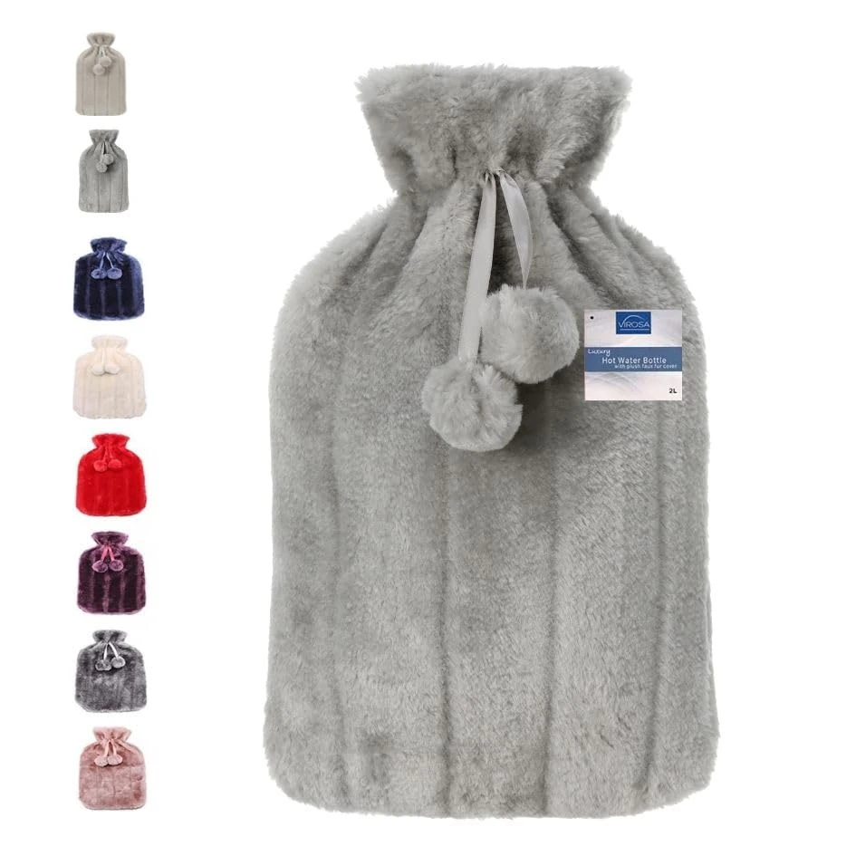 VIROSA Hot Water Bottle with Premium Cozy Fluffy Cover | Large 2L Capacity | Best for Relief from Back, Neck, and Leg Muscle Pain and Cramps (Light Grey)