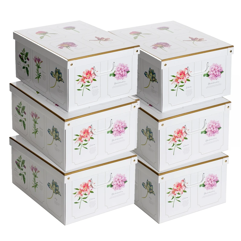 Lavatelli Set of 6 Storage Boxes Botanic Print with Lids & Handles, Cardboard Wardrobe Organisers for Clothes, Stackable Storage Bins 39x50x24 cm
