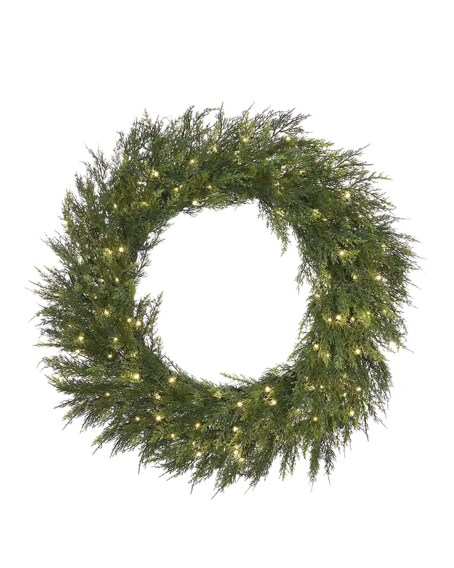 76cm Pre-Lit Cypress Fir Wreath – 140 PE Tips, 100 Warm White Micro LEDs, Battery Operated, Timer & 8 Function Controller