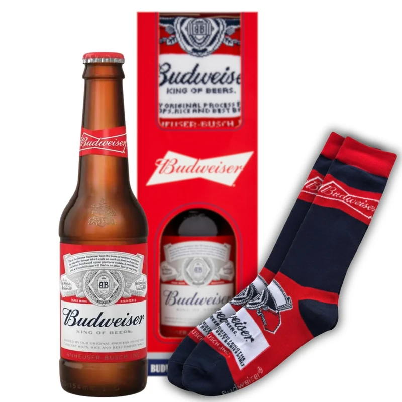 Budweiser Beer Gift Set - Offical 300ml Bottle & Socks Gifts for Men - King of Beers American Lager with Hops & Barley Malt - Gifts for Dad, One Size, Adult - Premium Alcohol Set, Birthday, Valentines