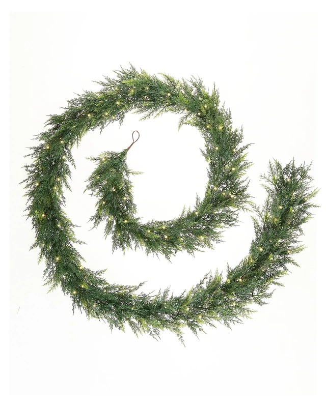 12ft Pre-Lit Full PE Green Garland – 192 PE Tips, 150 Warm White Micro LEDs, 8-Function Memory Controller