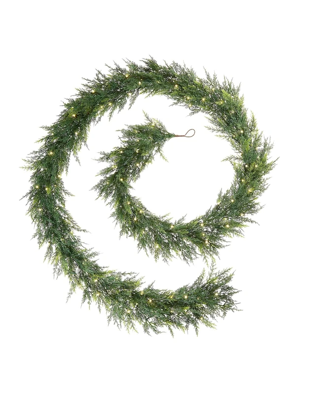 9ft Pre-Lit Full PE Green Garland – 140 PE Tips, 100 Warm White Micro LEDs, 8-Function Memory Controller