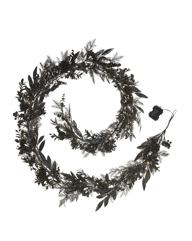 9ft Pre-lit Black Pine Garland with Dual LED Lights, Timer & 12 Modes