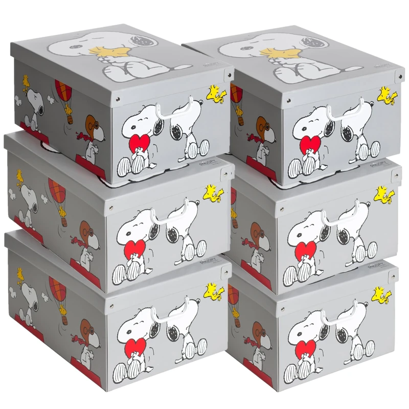 Lavatelli Set of 6 Snoopy Storage Boxes with Lids & Handles, Cardboard Wardrobe Organisers for Clothes, Stackable Storage Bins 39x50x24 cm