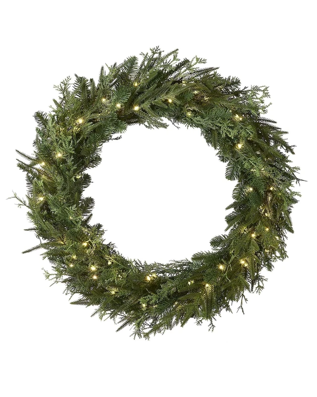 Pre-Lit Natural Fir Wreath, 76 cm – 675 PE Tips, 100 Warm White Micro-Wire LEDs, Battery Box with 8-Function Controller, Timer, 30 cm Lead Wire