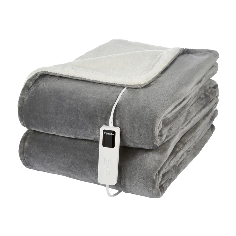 Dimplex Electric Throw Blanket - Extra Soft Fleece & Sherpa, Large 180 x 130cm, 9 Hour Timer, Auto Shut-Off Safety, Ideal for Sofa & Bed - (Grey/White)