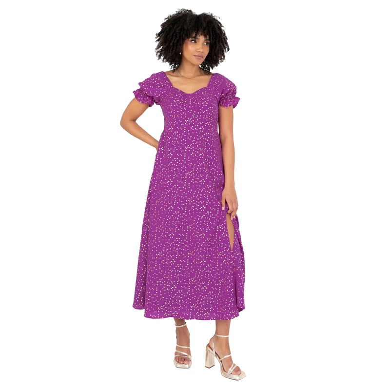 Lovedrobe Women's Midaxi Dress Ladies Sweetheart Neckline Puff Sleeve Empire Waist A-line Gold Fleck Leg Split Evening, Purple 22