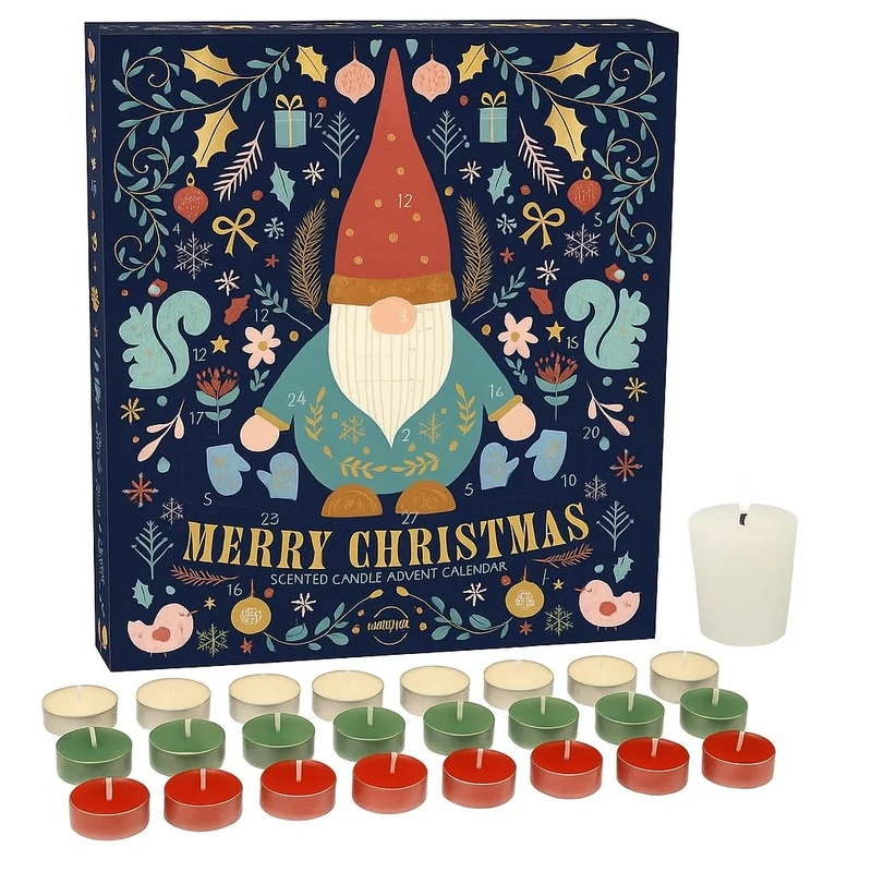 Gnome Merry Christmas Scented Candle Advent Calendar. Countdown to Christmas with a surprise candle for every day. 23 x Tea Lights & 1 x Votive Candle for Xmas Eve. Luxury Premium Advent *VEGAN*