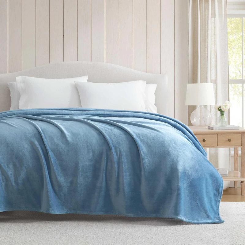 Martha Stewart - King Size Blanket, Ultra-Soft Plush Fleece Throw Blanket with Double-Needle Stitching, 350 GSM, Medium Weight Bedding for Bed or Couch (Bedford Solid Blue)