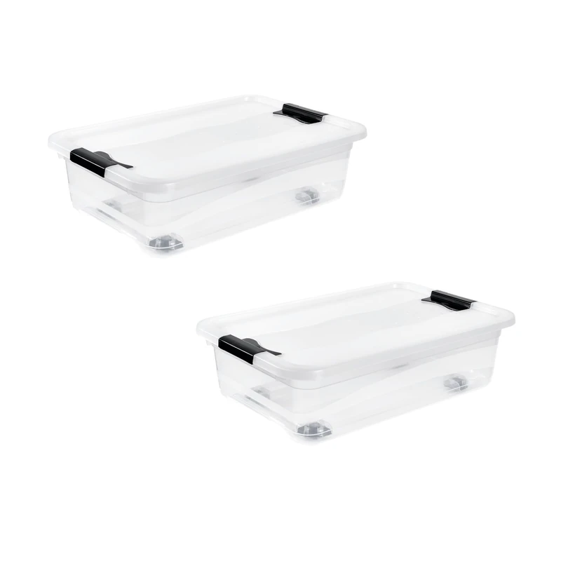 keeeper konrad 2 x Storage Box with Wheels, Lid and Sliding Closure, 59.5 x 39.5 x 18 cm, 28 L, Transparent