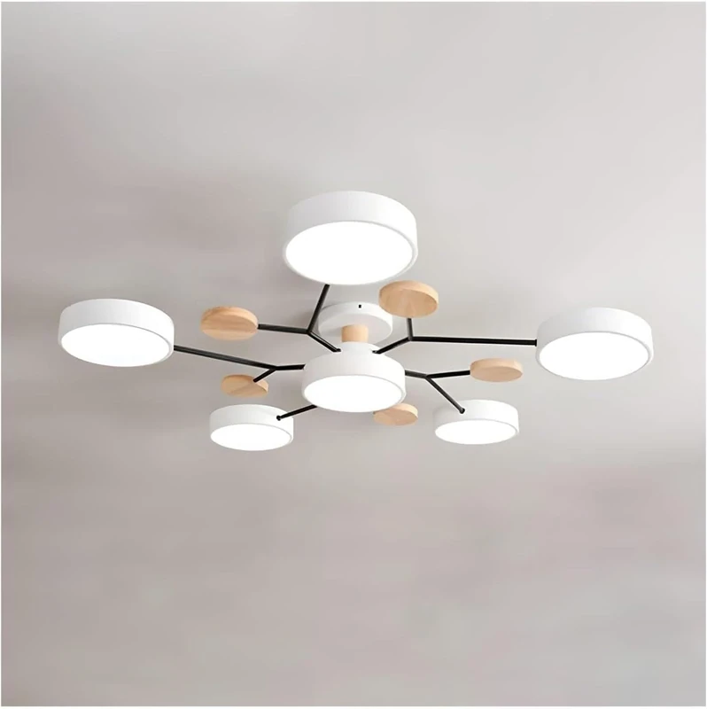 Modern Flush Mount Ceiling Light, Nordic Wood Ceiling Light with Acrylic LED Shade, Semi Flush Round Light Fixture for Living Room, Bedroom, Dining Room, Kitchen (White,Whitelight-6Heads)