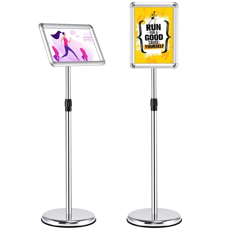 FANTASK Information Stand, A4 Aluminium, Set of 2 Poster Stands, Height Adjustable, Information Stand, Rotatable and Swivelling, Display Stand for Portrait / Landscape Format (Silver)
